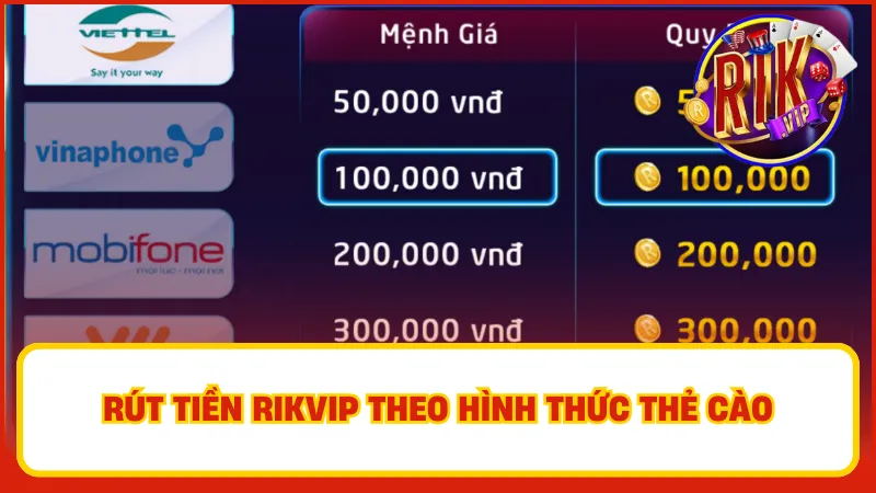 Người chơi chọn nhà mạng, mệnh giá thẻ cào và thực hiện đổi thẻ